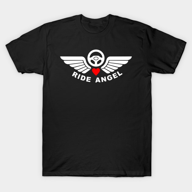 Ride Angel, graphic t-shirt with steering wheel and angel wings for volunteers drivers for helping people in need. T-Shirt by Cat In Orbit ®